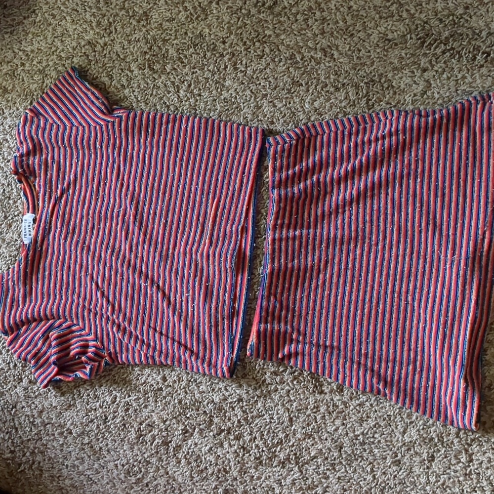 Frankie's Bikinis Red and Blue Striped Knit Crop Top